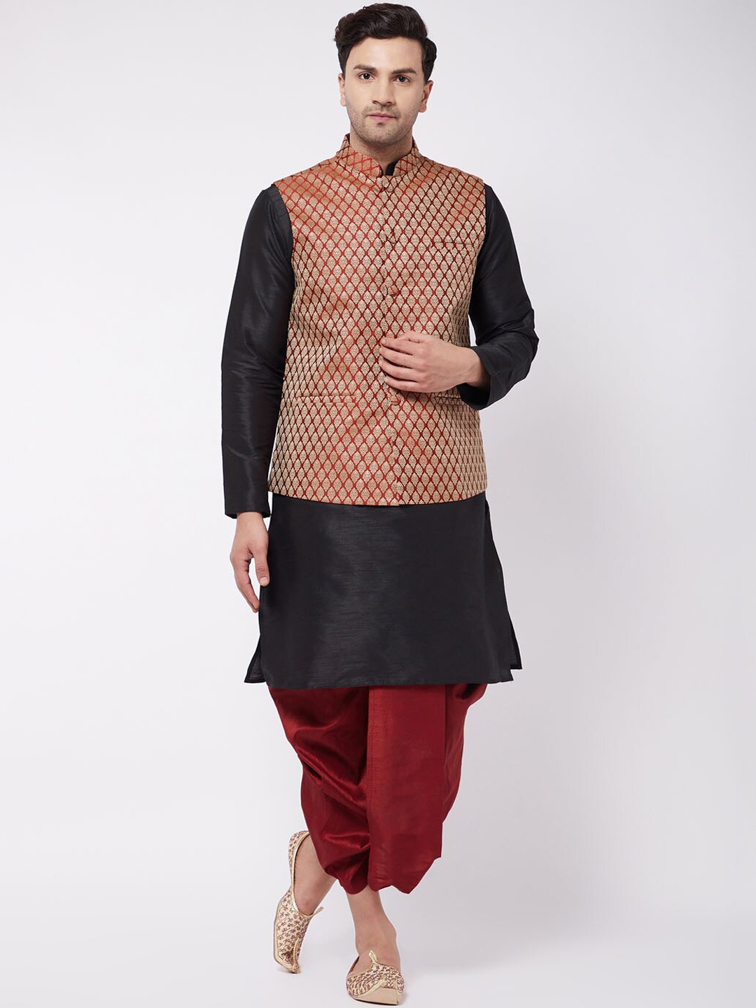 

VASTRAMAY Men Mandarin Collar Kurta with Dhoti Pants With Nehru Jacket, Black