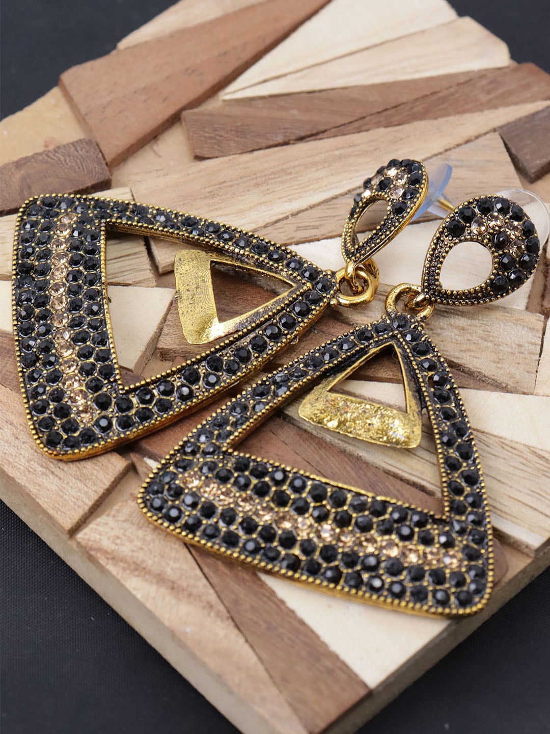 

VAGHBHATT Gold-Plated Crystals Triangular Drop Earrings, Black