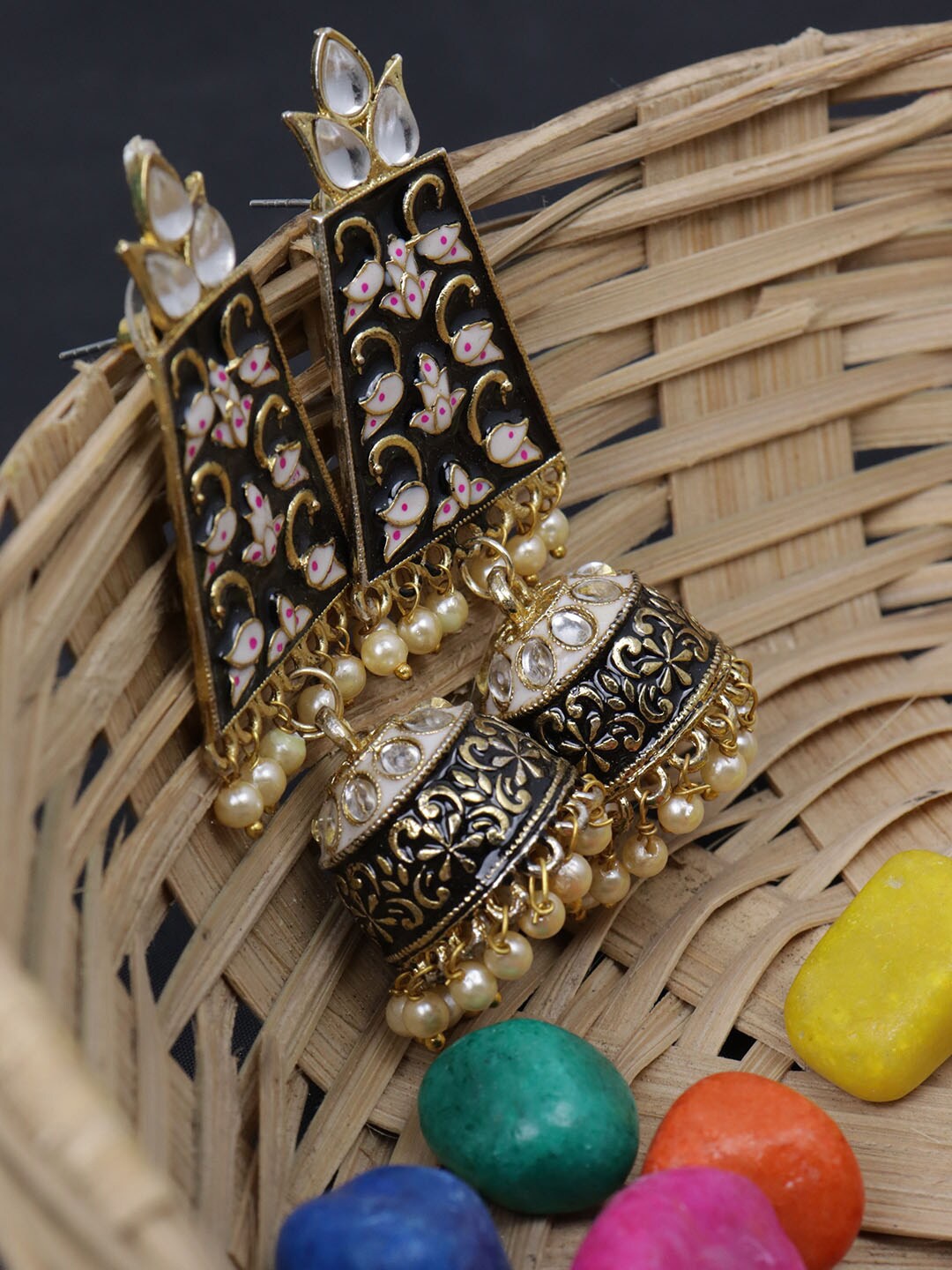 

VAGHBHATT Gold-Plated Meenakari Classic Jhumkas Earrings, Black