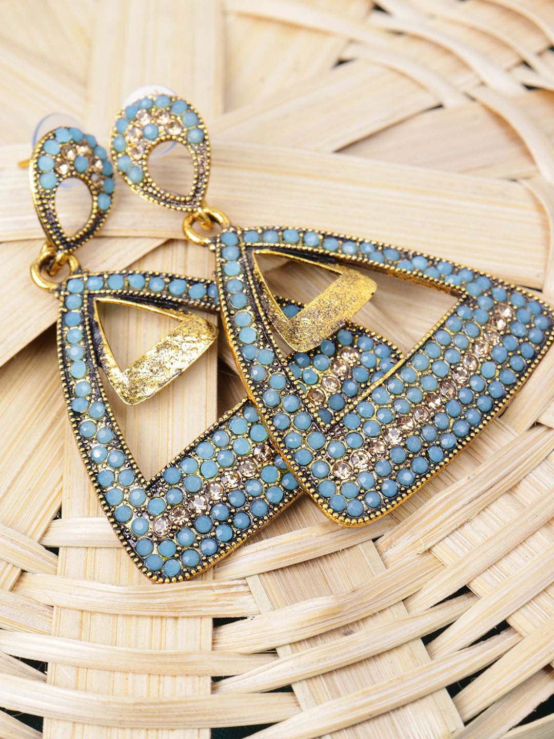 

VAGHBHATT Gold-Plated Crystals Triangular Drop Earrings, Turquoise blue