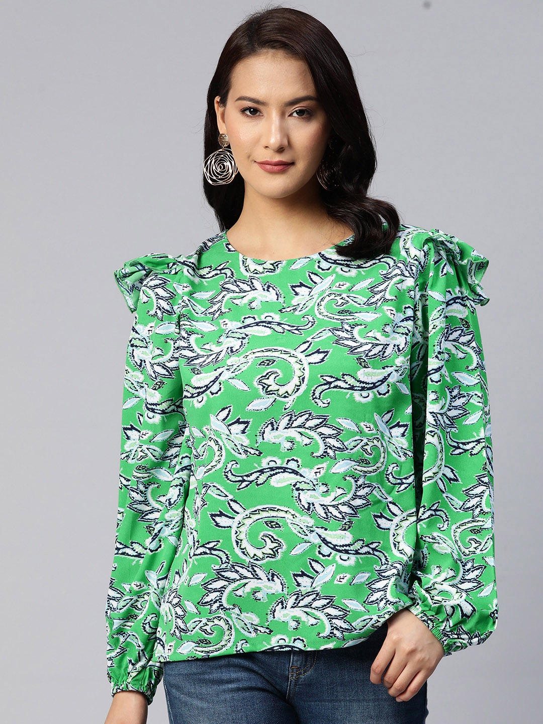 

plusS Floral Print Puff Sleeves Ruffled Top, Green