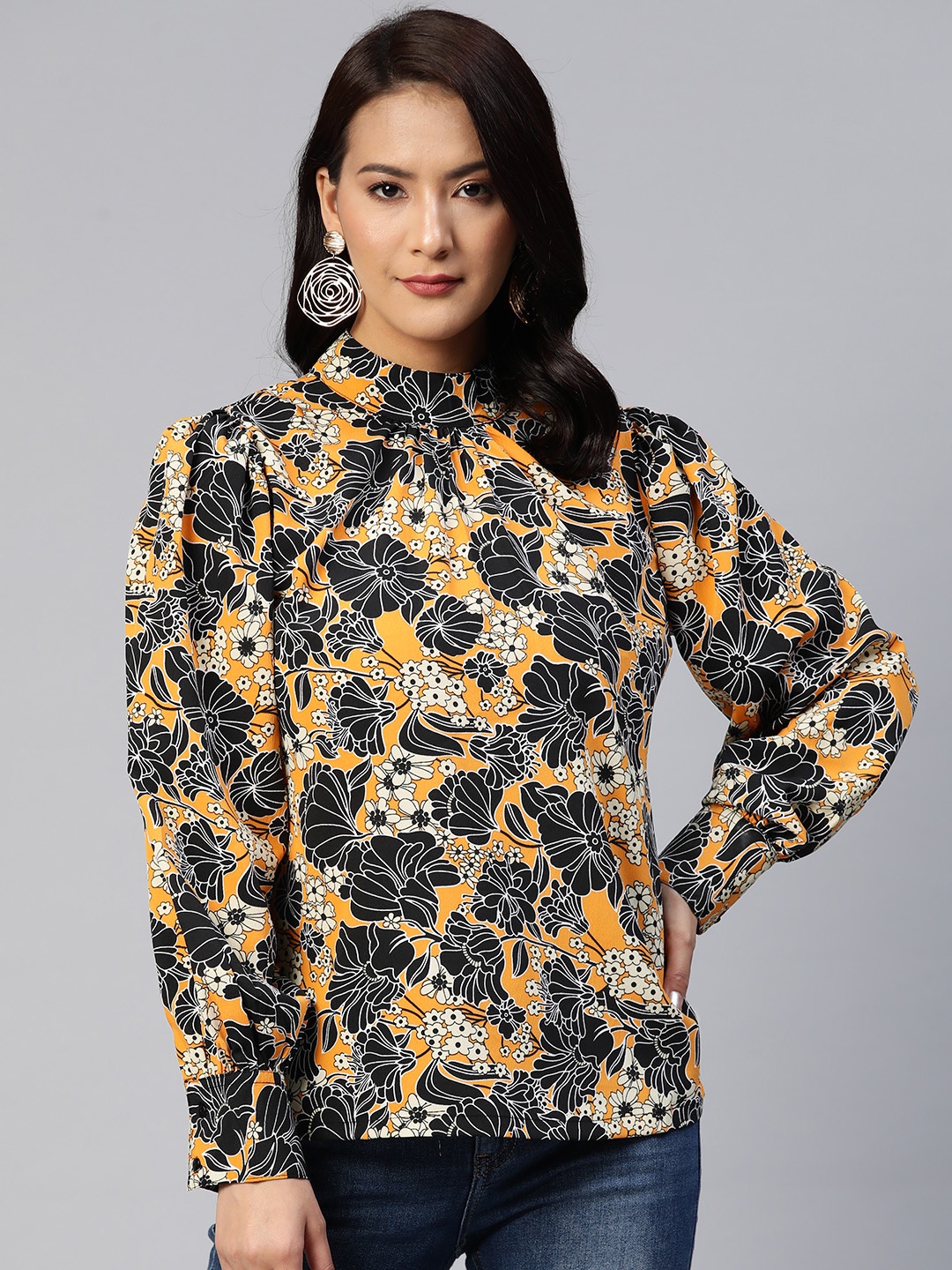 

plusS Floral Print Puff Sleeves Top, Mustard