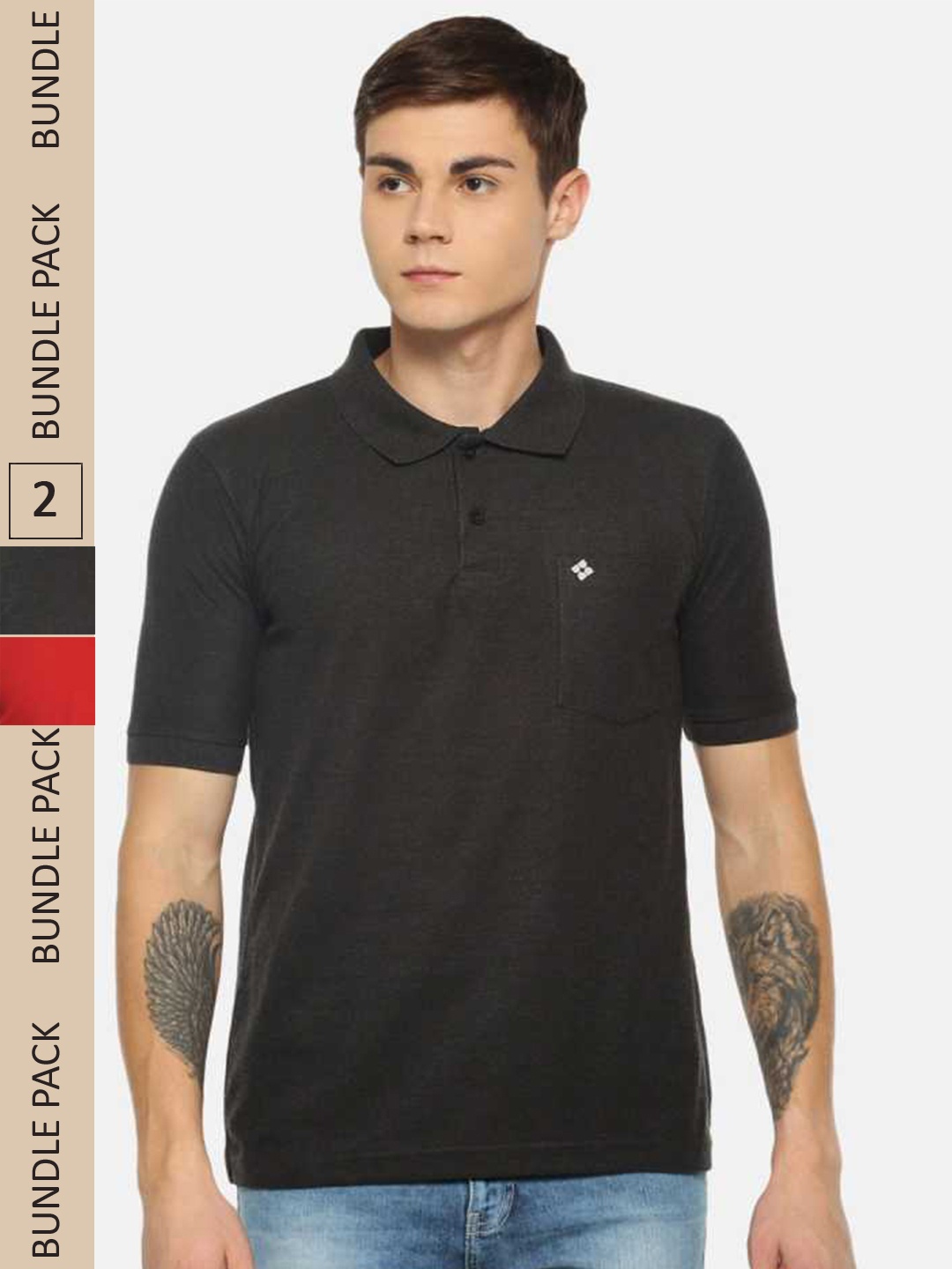 

Dollar Men Pack Of 2 Polo Collar Cotton T-shirt, Black