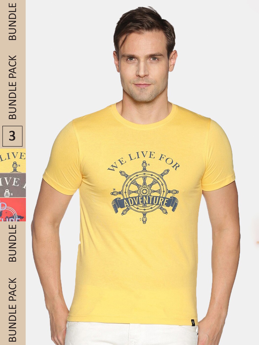 

Dollar Men Pack of 3 Printed Round Neck Cotton T-shirt, Yellow