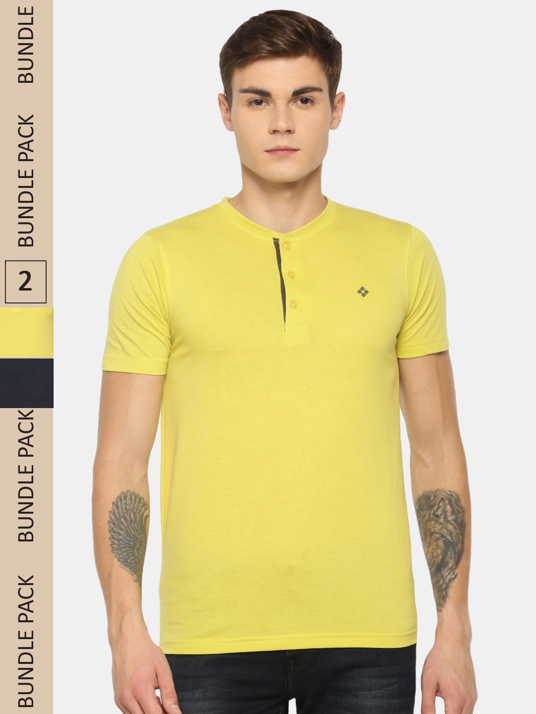 

Dollar Men Pack of 2 Henley Neck Cotton T-shirt, Yellow
