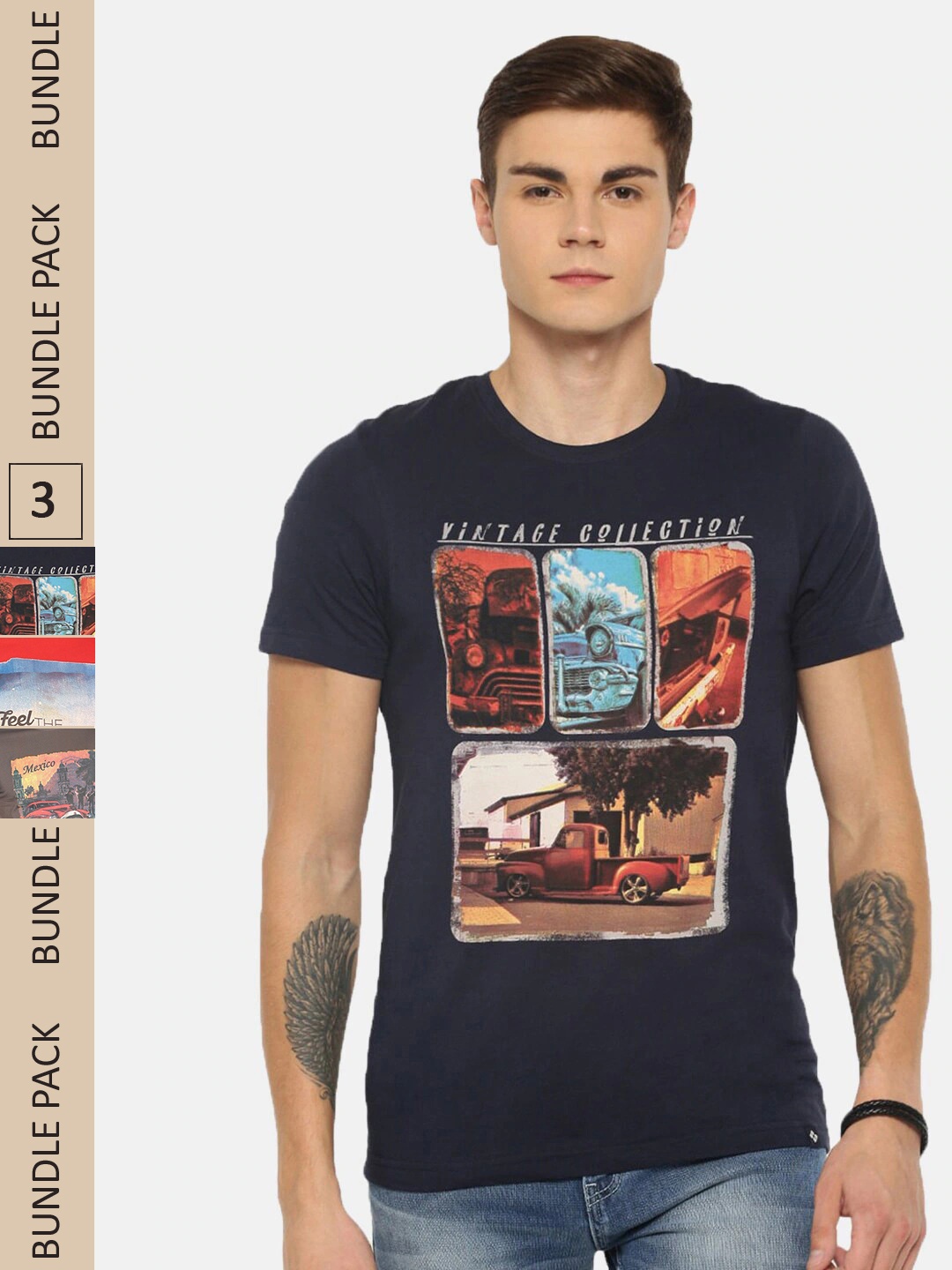 

Dollar Men Pack Of 3 Graphic Printed Cotton T-shirt, Navy blue