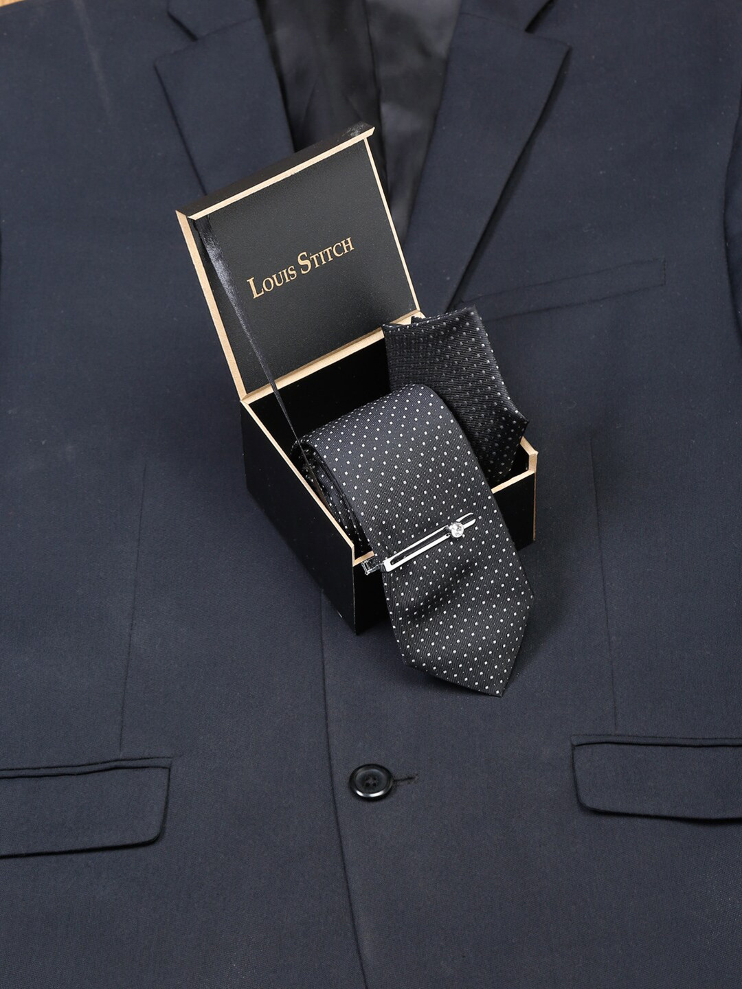 

LOUIS STITCH Men Polka Black Italian Silk Necktie Accessory Gift Set