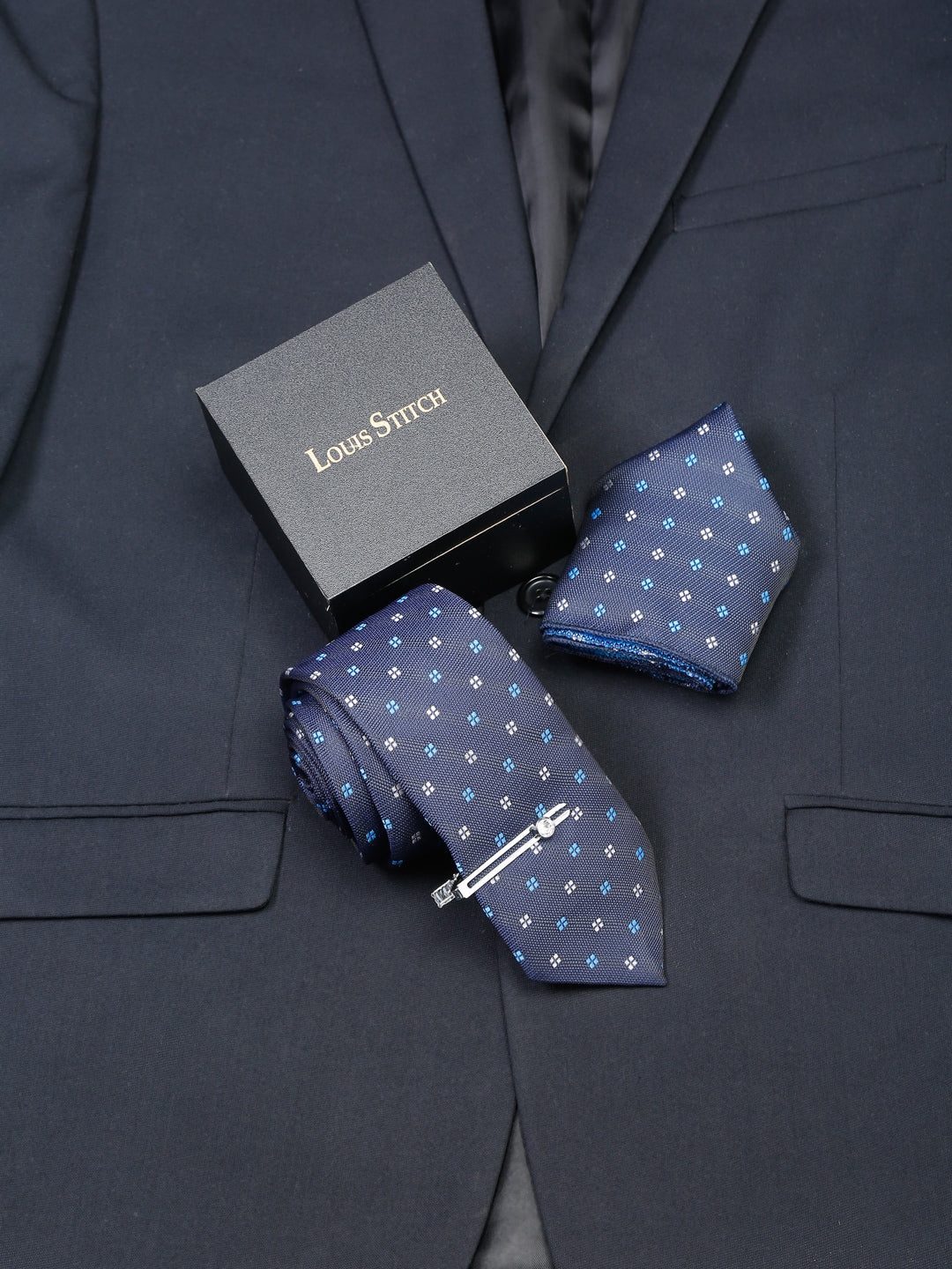 

LOUIS STITCH Men's Royal Blue Italian Silk Necktie Accessory Gift Set, Navy blue