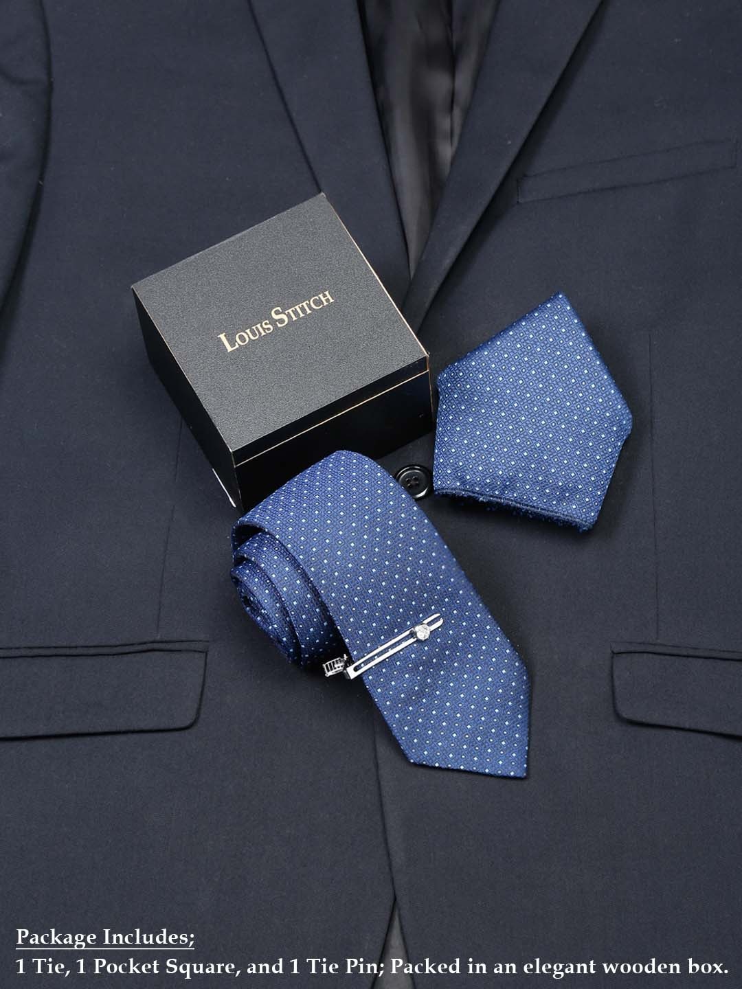 

LOUIS STITCH Men Italian Silk Necktie Accessory Gift Set, Blue