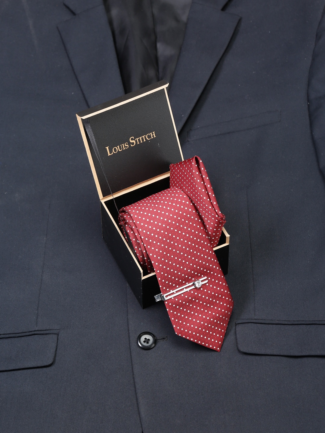 

LOUIS STITCH Men Polka Italian Silk Necktie Accessory Gift Set, Red