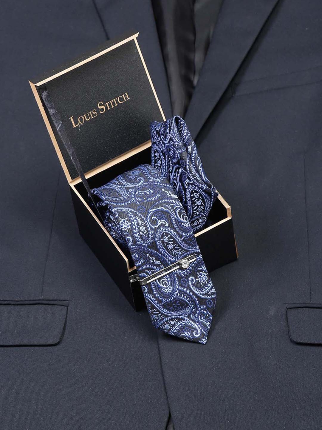 

LOUIS STITCH Men Silk Necktie Accessory Gift Set, Blue