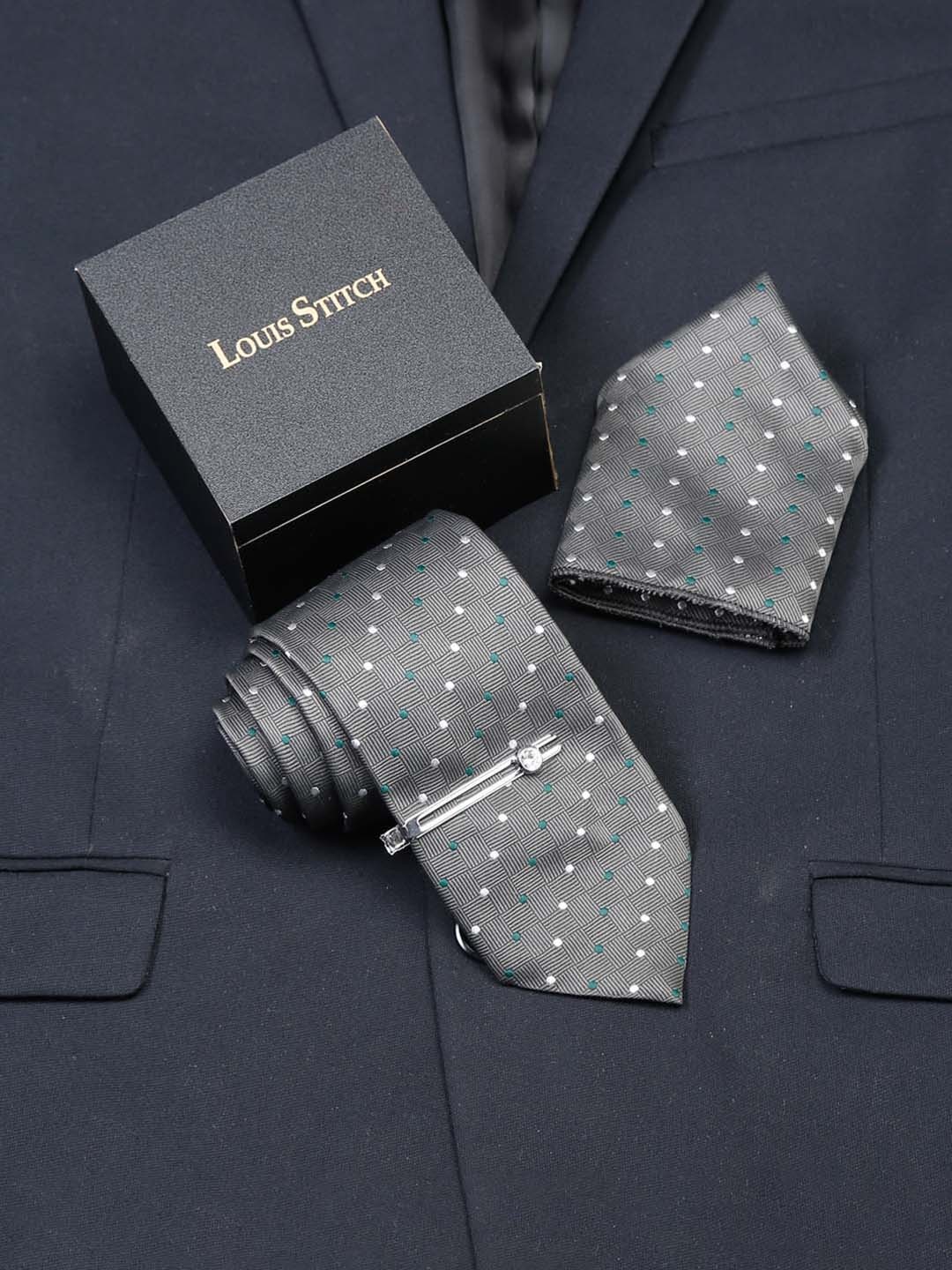 

LOUIS STITCH Men's Italian Silk Necktie Accessory Gift Set, Grey
