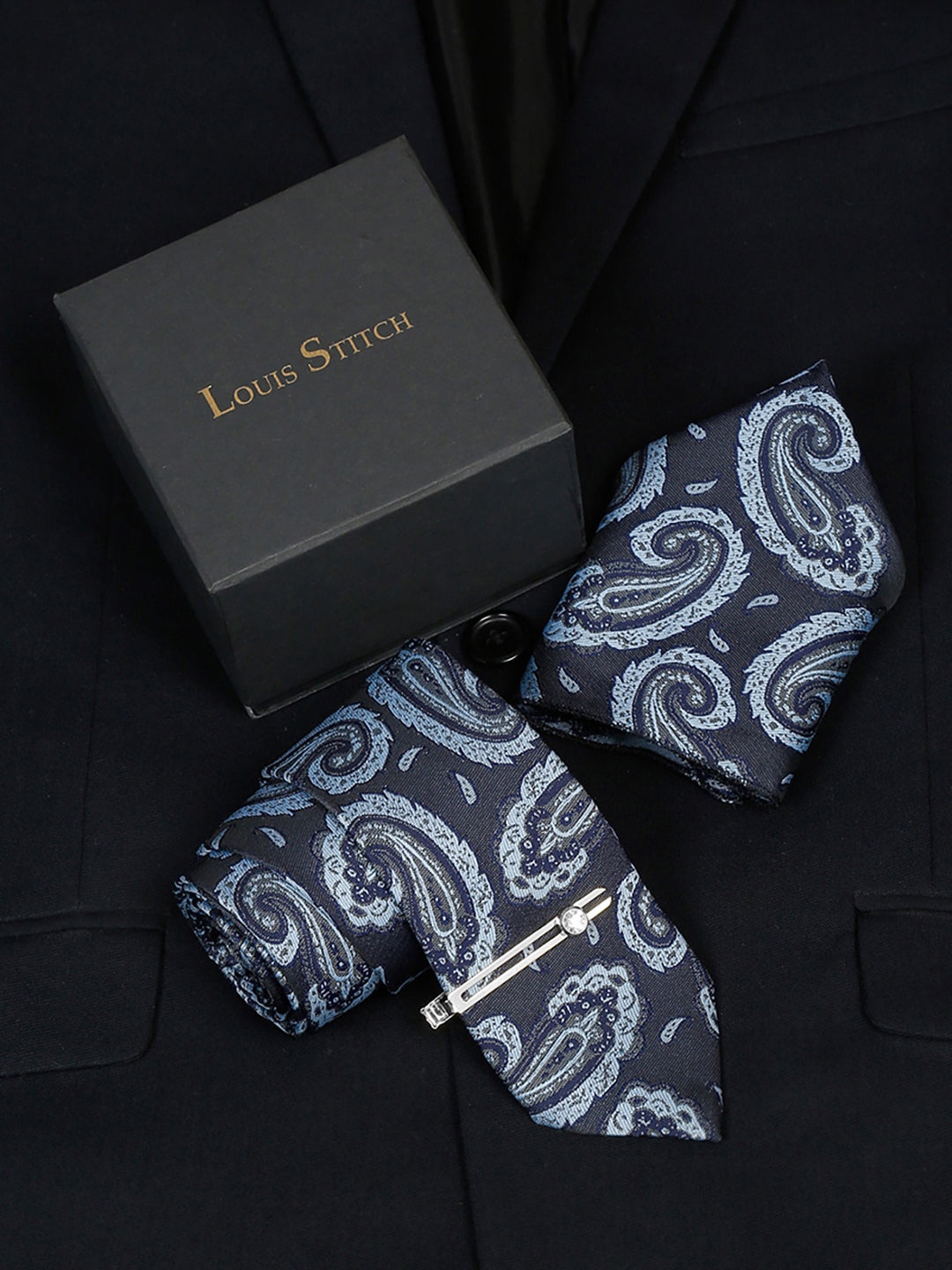 

LOUIS STITCH Men's Royal Blue Italian Silk Necktie Accessory Gift Set, Navy blue