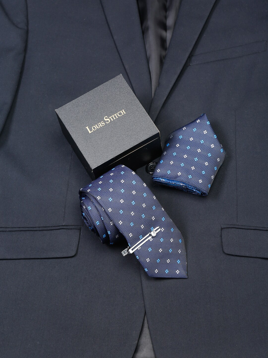 

LOUIS STITCH Men Floral Printed IItalian Silk Necktie Accessory Gift Set, Blue