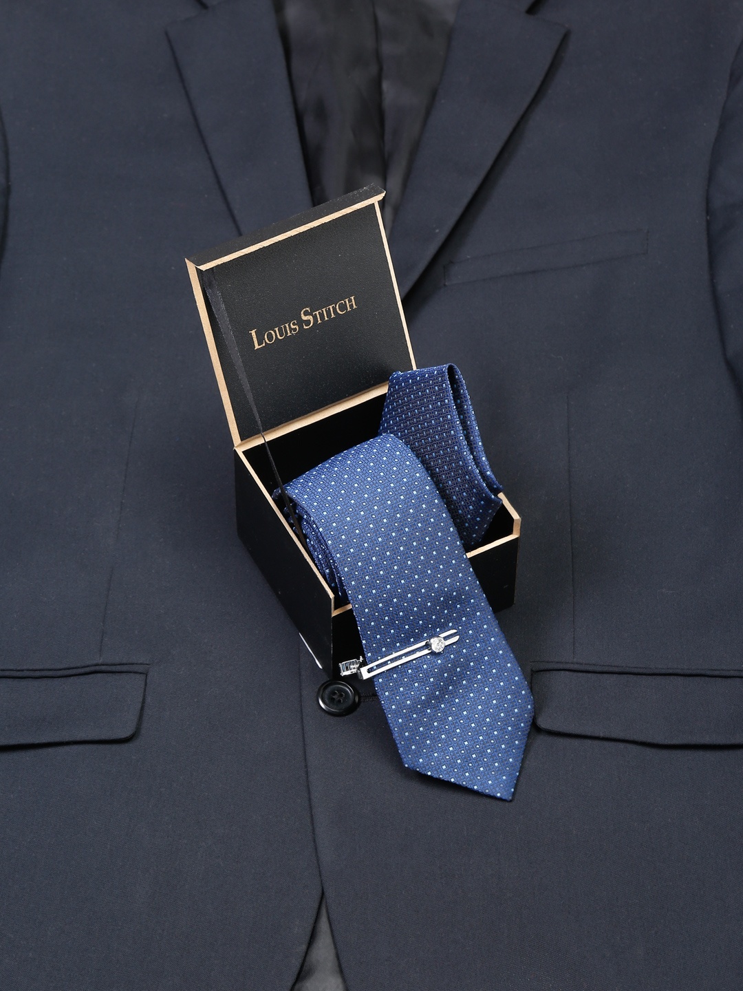 

LOUIS STITCH Men Midnight Blue Italian Silk Necktie Accessory Gift Set, Navy blue