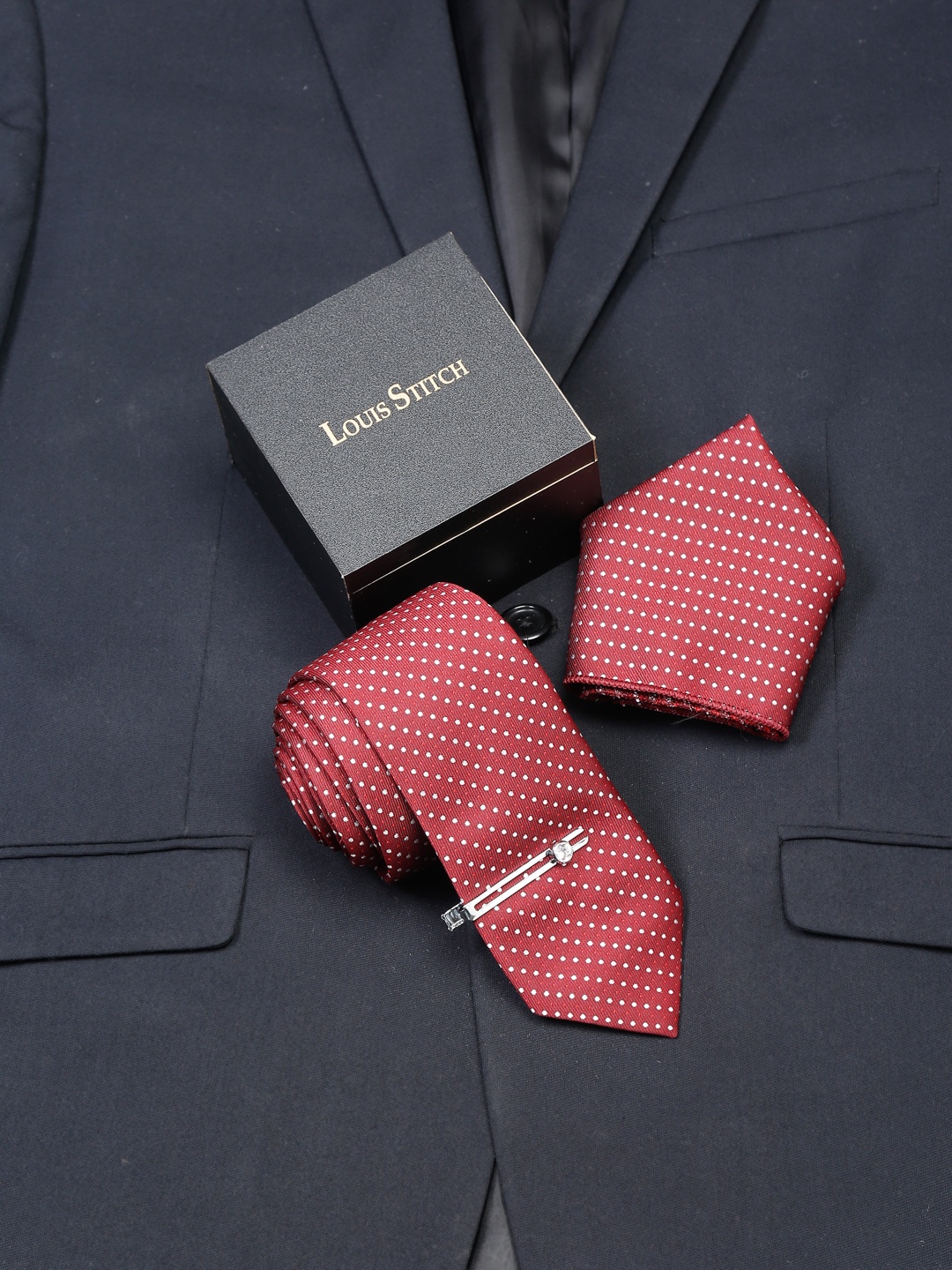 

LOUIS STITCH Men Polka Red Italian Silk Necktie Accessory Gift Set