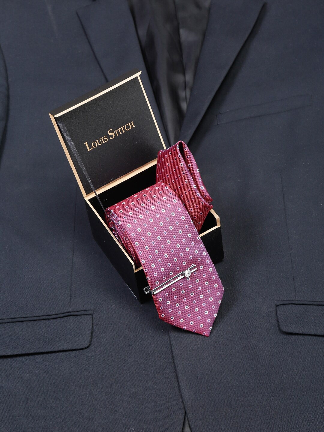 

LOUIS STITCH Men Italian Silk Tie With Pocket Square & Tiepin Set, Purple