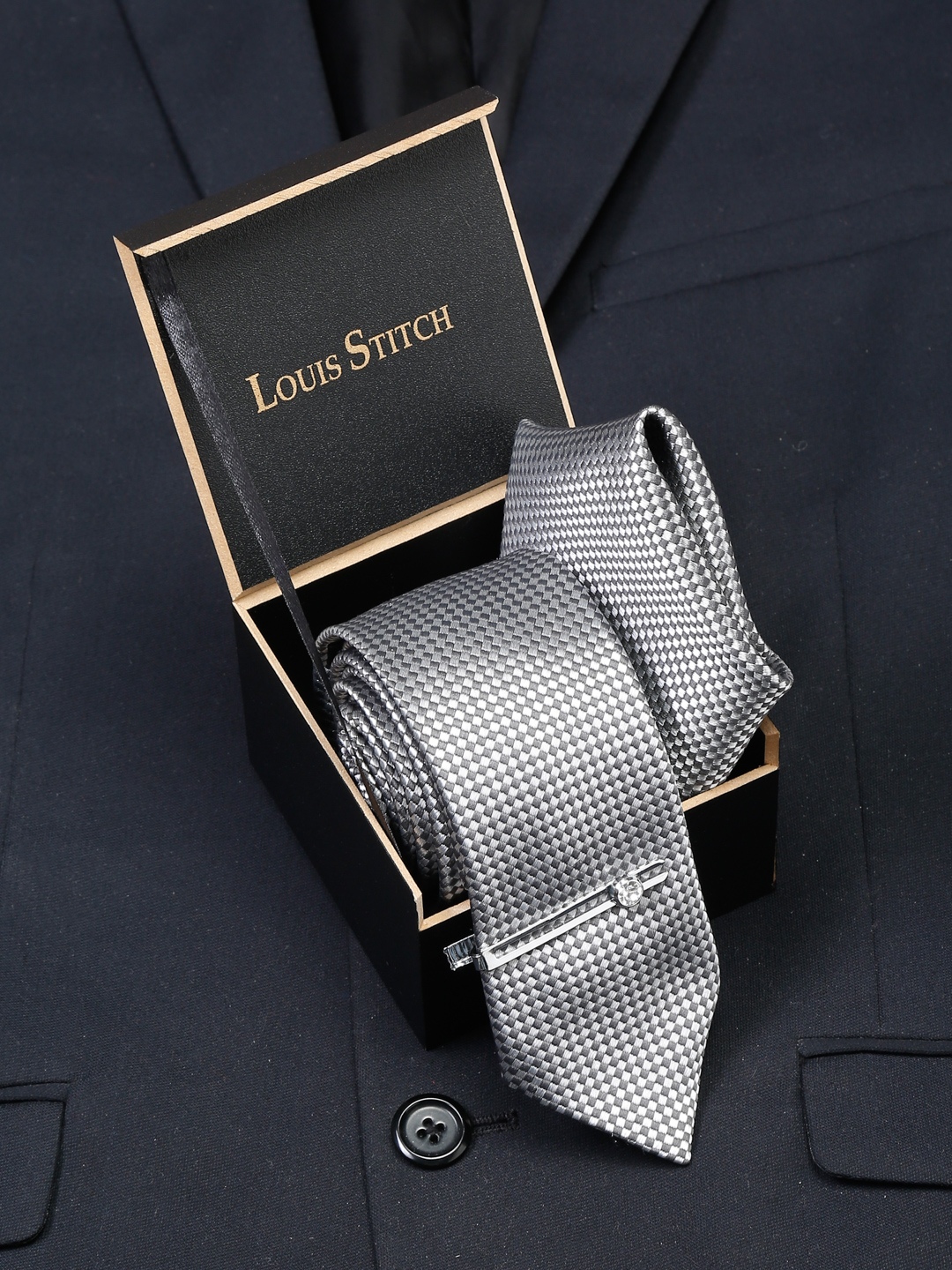 

LOUIS STITCH Men's Checkered Black Italian Silk Necktie Accessory Gift Set, Silver