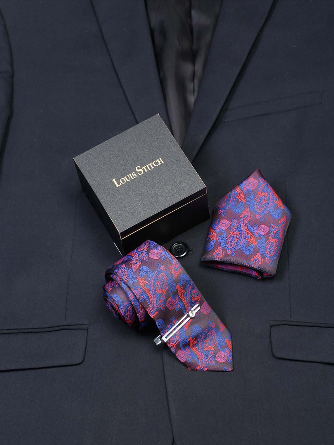 LOUIS STITCH Men's Italian Silk Necktie Accessory Gift Set, Navy blue