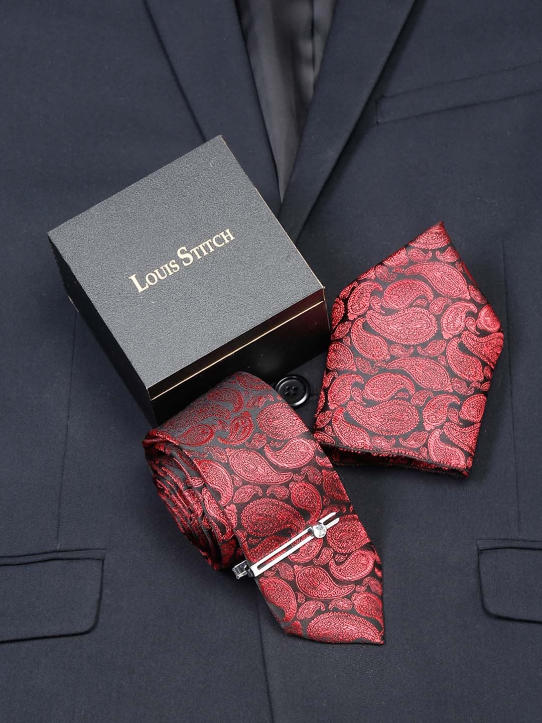 

LOUIS STITCH Men Silk Necktie Accessory Gift Set, Red