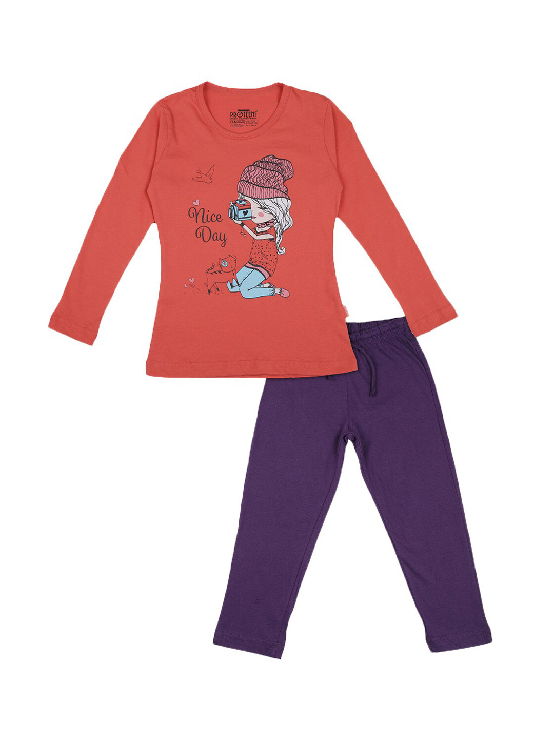 

PROTEENS Girls 2 Pieces Graphic Printed Night Suit, Peach