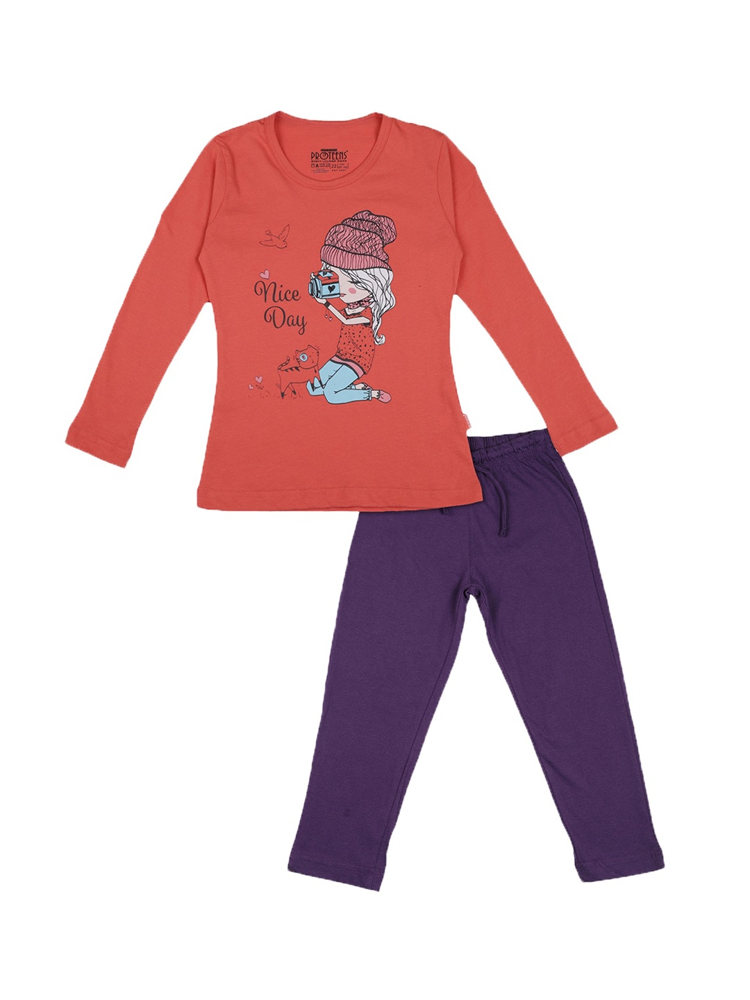 

PROTEENS Girls Printed Pure Cotton Round Neck 2 Piece Night suit, Rust