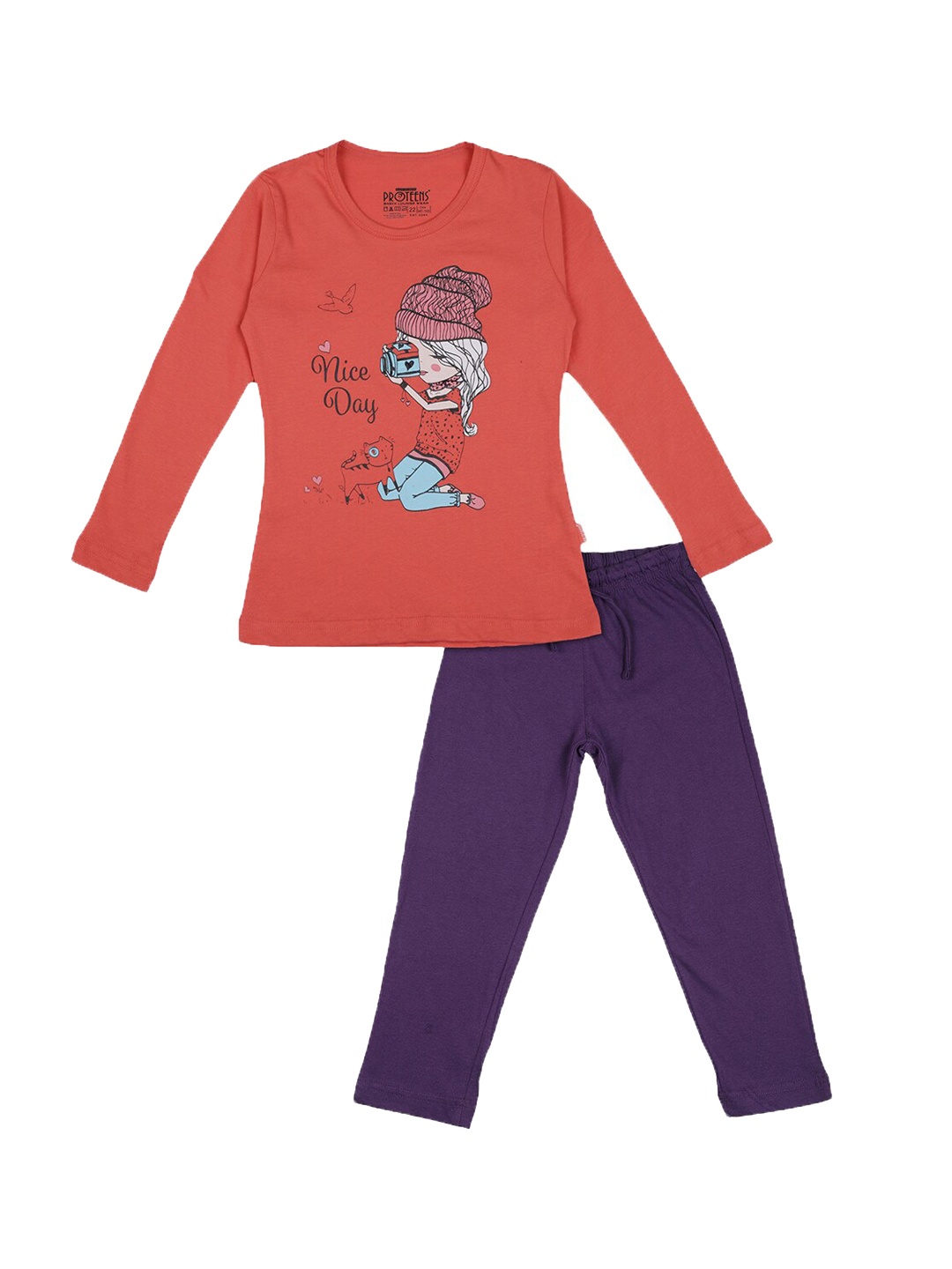 

PROTEENS Girls 2 Pieces Graphic Printed Night Suit, Peach