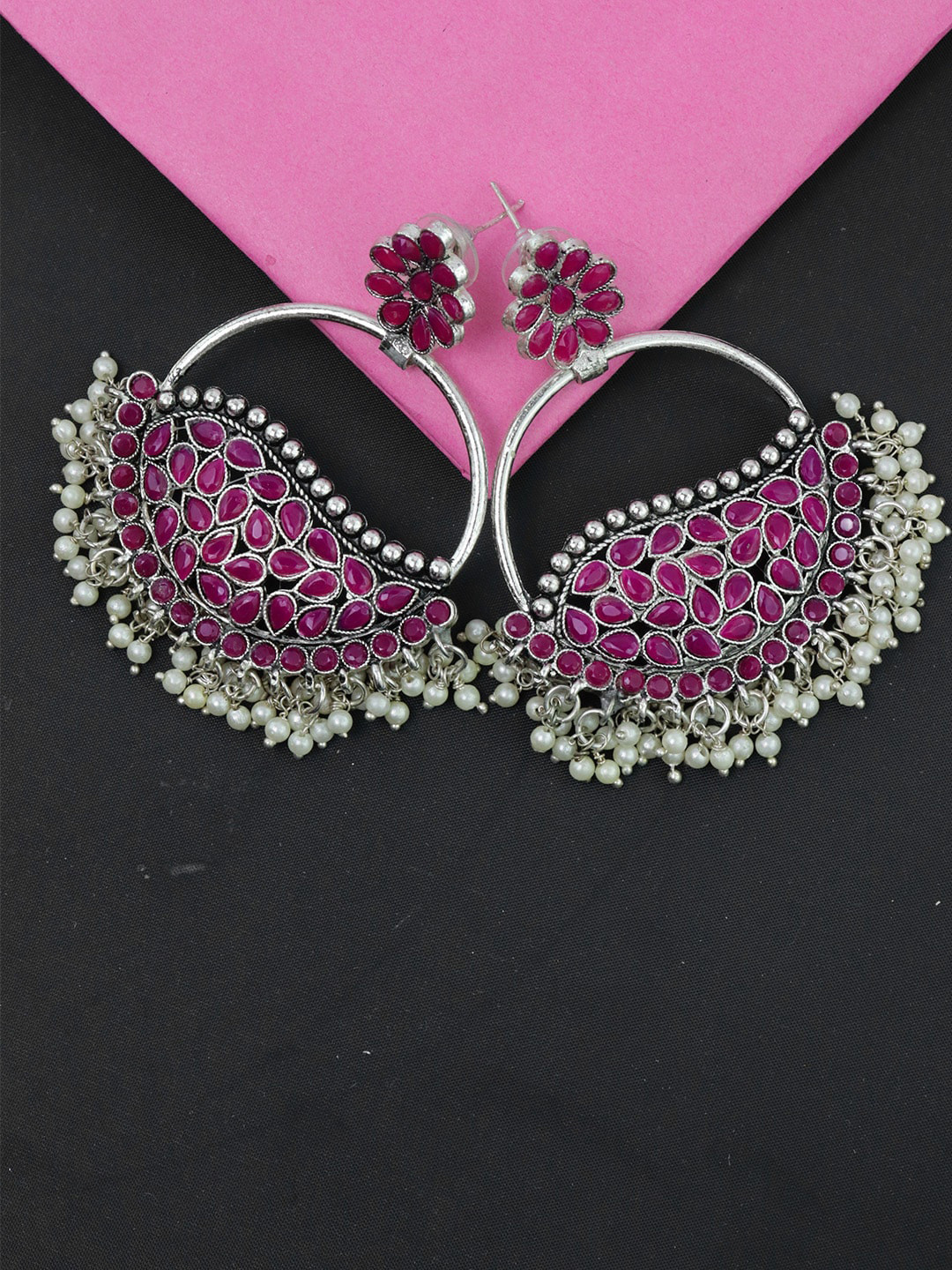 

VAGHBHATT Enamelled Peacock Shaped Hoop Earrings, Pink