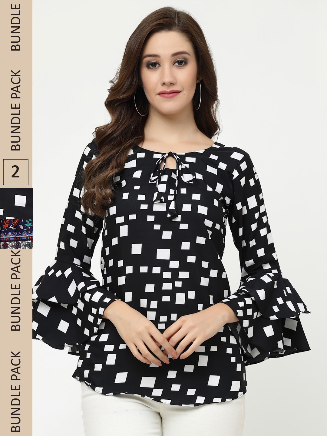 

MISS AYSE Multicoloured Geometric Print Tie-Up Neck Crepe Top, Multi