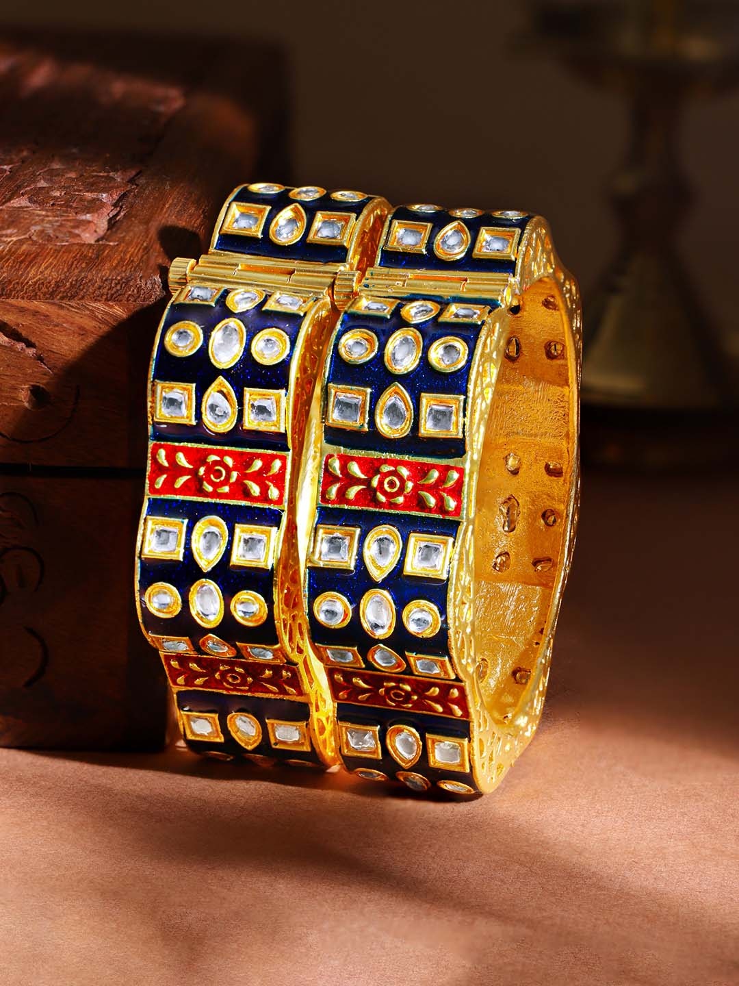 

Rubans Set of 2 Gold-Plated Kundan-Studded Bangles with Blue and Red Enamel