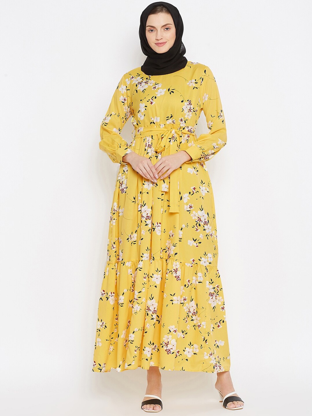 

NABIA Women Round Neck Printed Abaya Burqas, Yellow