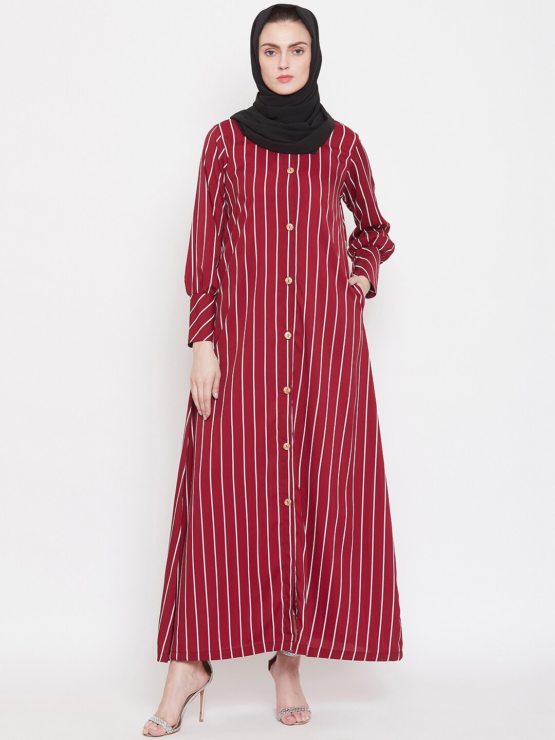 

NABIA Women Striped Abaya Burqa, Red