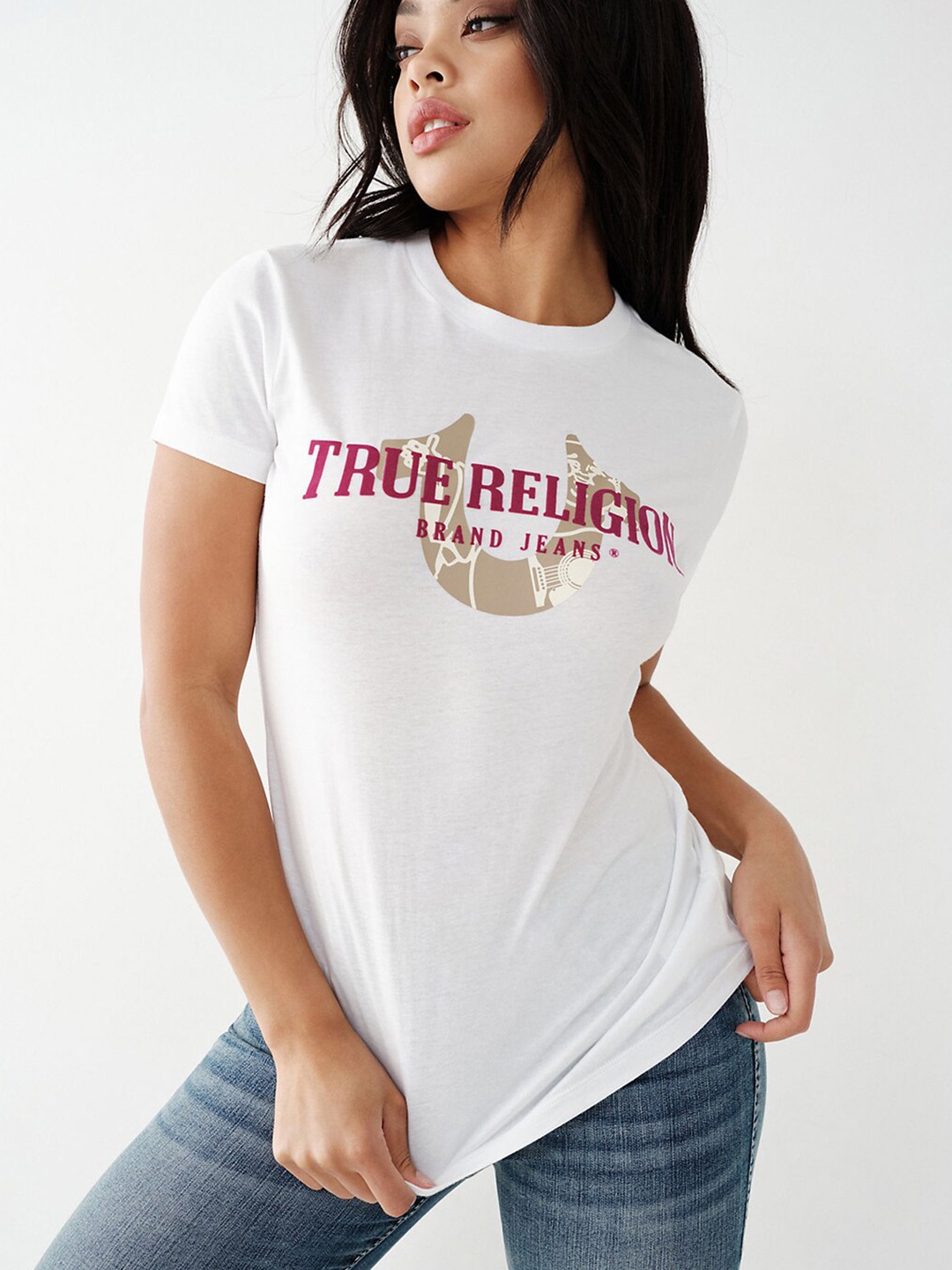 

True Religion Women Brand Logo Printed Slim Fit Pure Cotton T-shirt, White