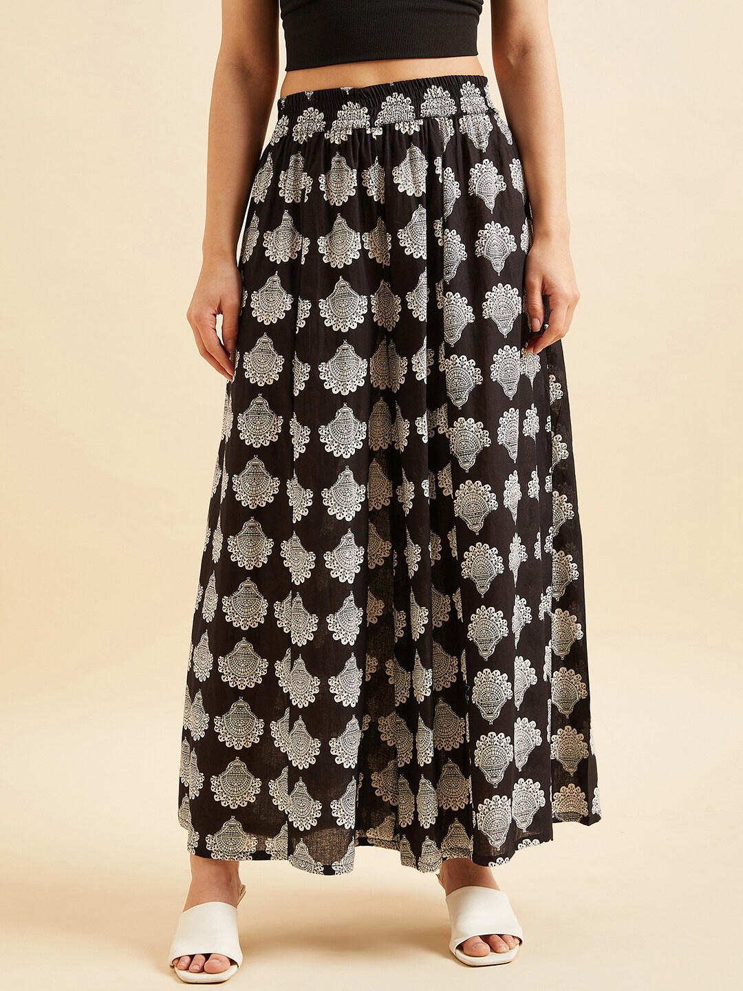 

PANIT Women Ethnic Motifs Printed Cotton Palazzos, Black