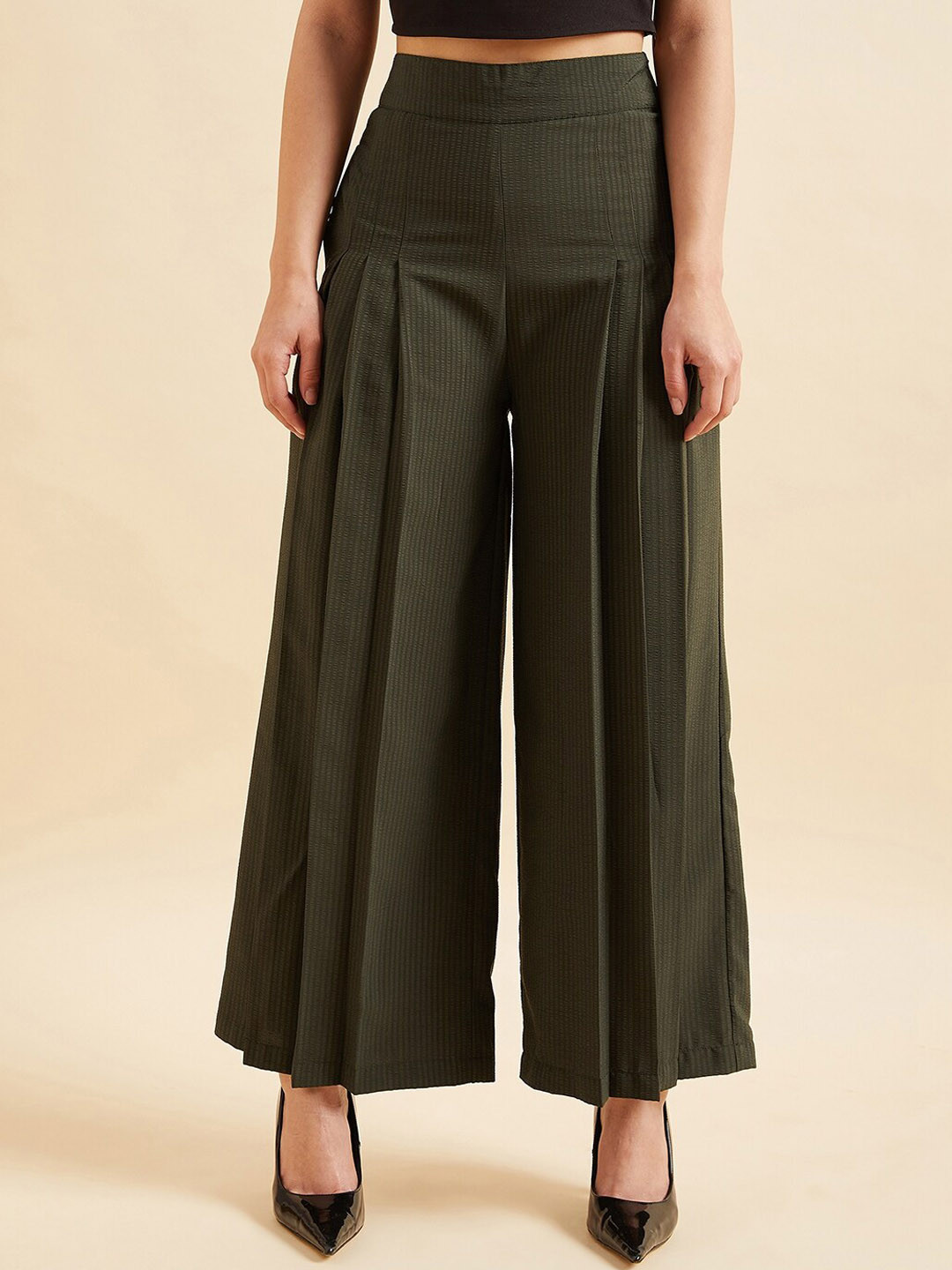

PANIT Women Striped Flared Pleated Trousers, Olive
