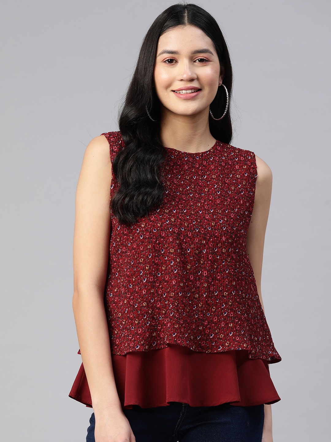 

WEAVETECH IMPEX Floral Print Layered Georgette Top, Maroon