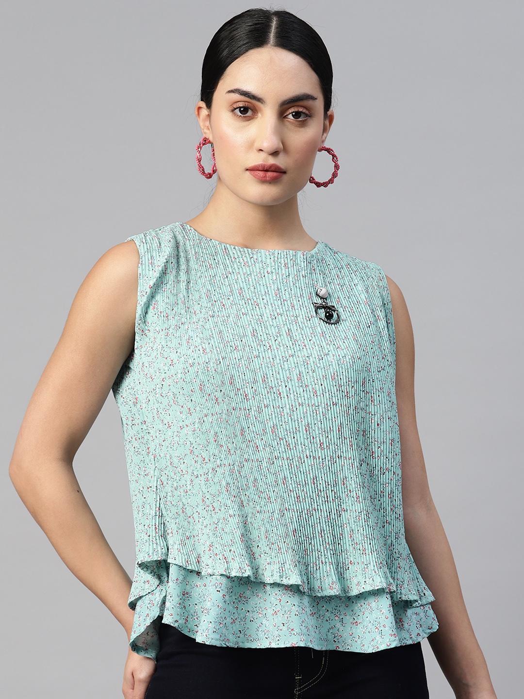

WEAVETECH IMPEX Floral Print Accordion Pleated Sleeves Layered Georgette Top, Turquoise blue