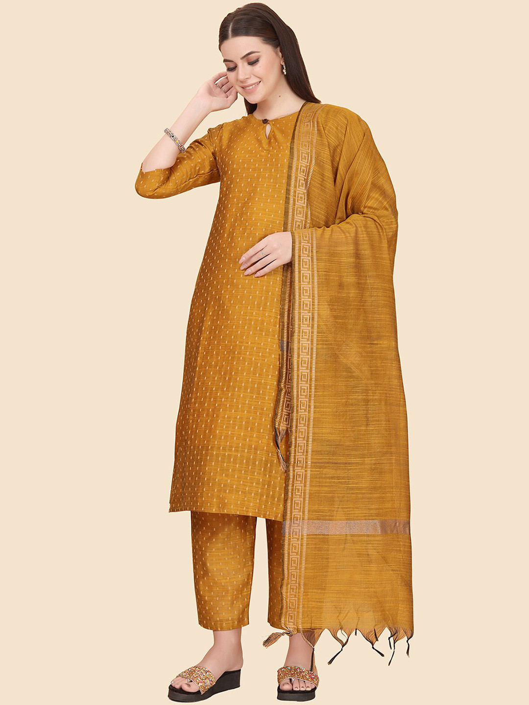 

KALINI Ethnic Motifs Chanderi Cotton Kurta with Trousers & Dupatta, Mustard