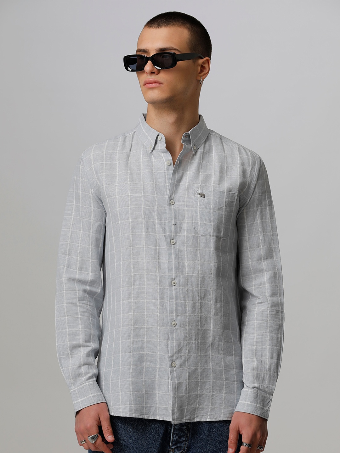 

THE BEAR HOUSE Men Slim Fit Grid Tattersall Checked Casual Shirt, Grey