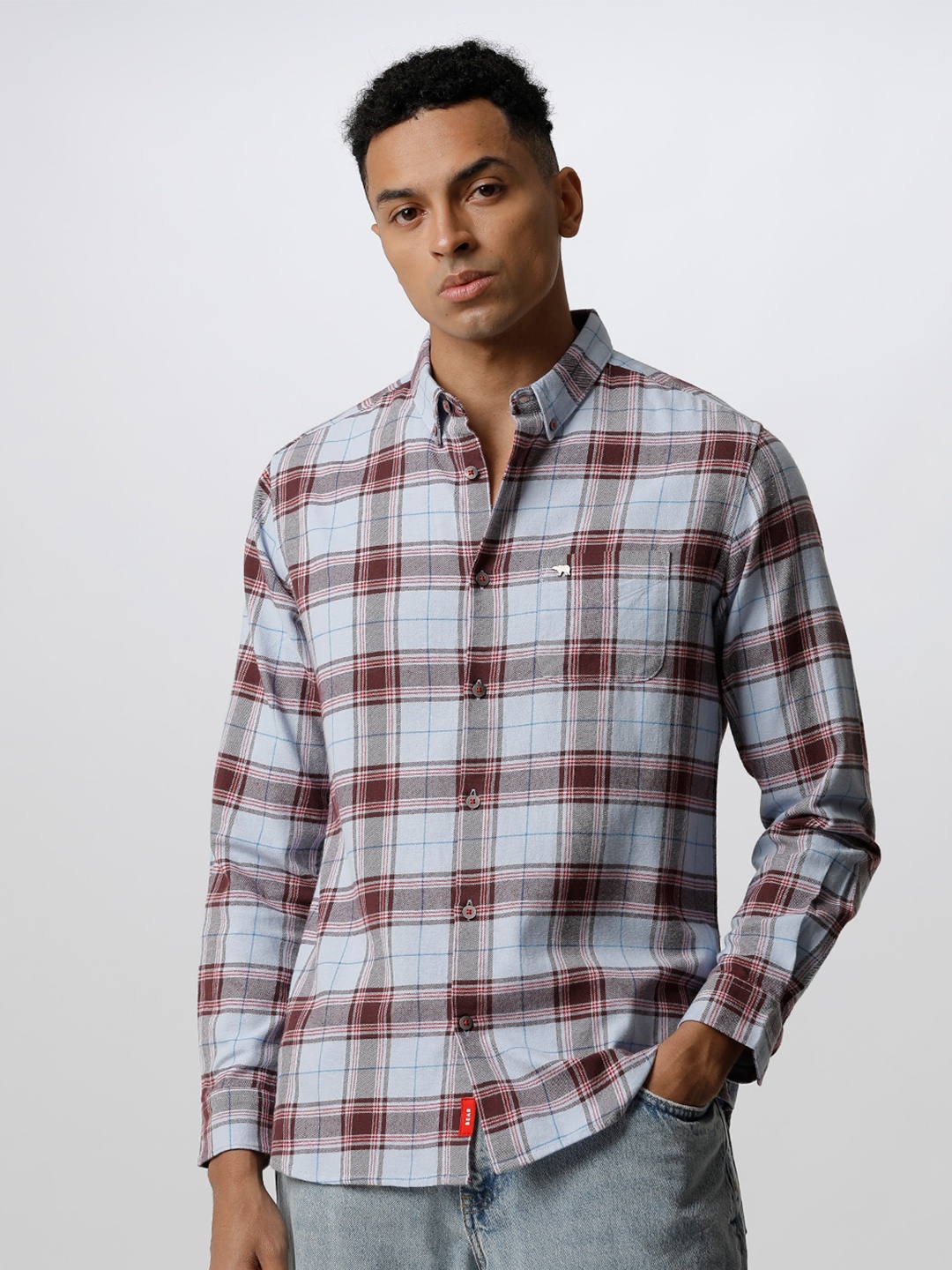 

THE BEAR HOUSE Men Slim Fit Tartan Checks Checked Pure Cotton Shirt, Blue