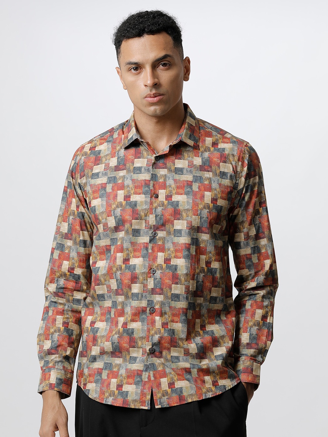 

THE BEAR HOUSE Men Slim Fit Printed Pure Cotton Shirt, Brown