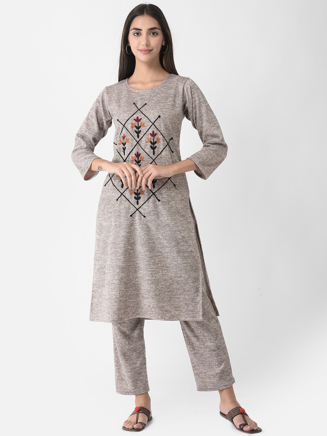 

FNOCKS Floral Embroidered Thread Work Kurta with Trousers & Dupatta, Grey melange