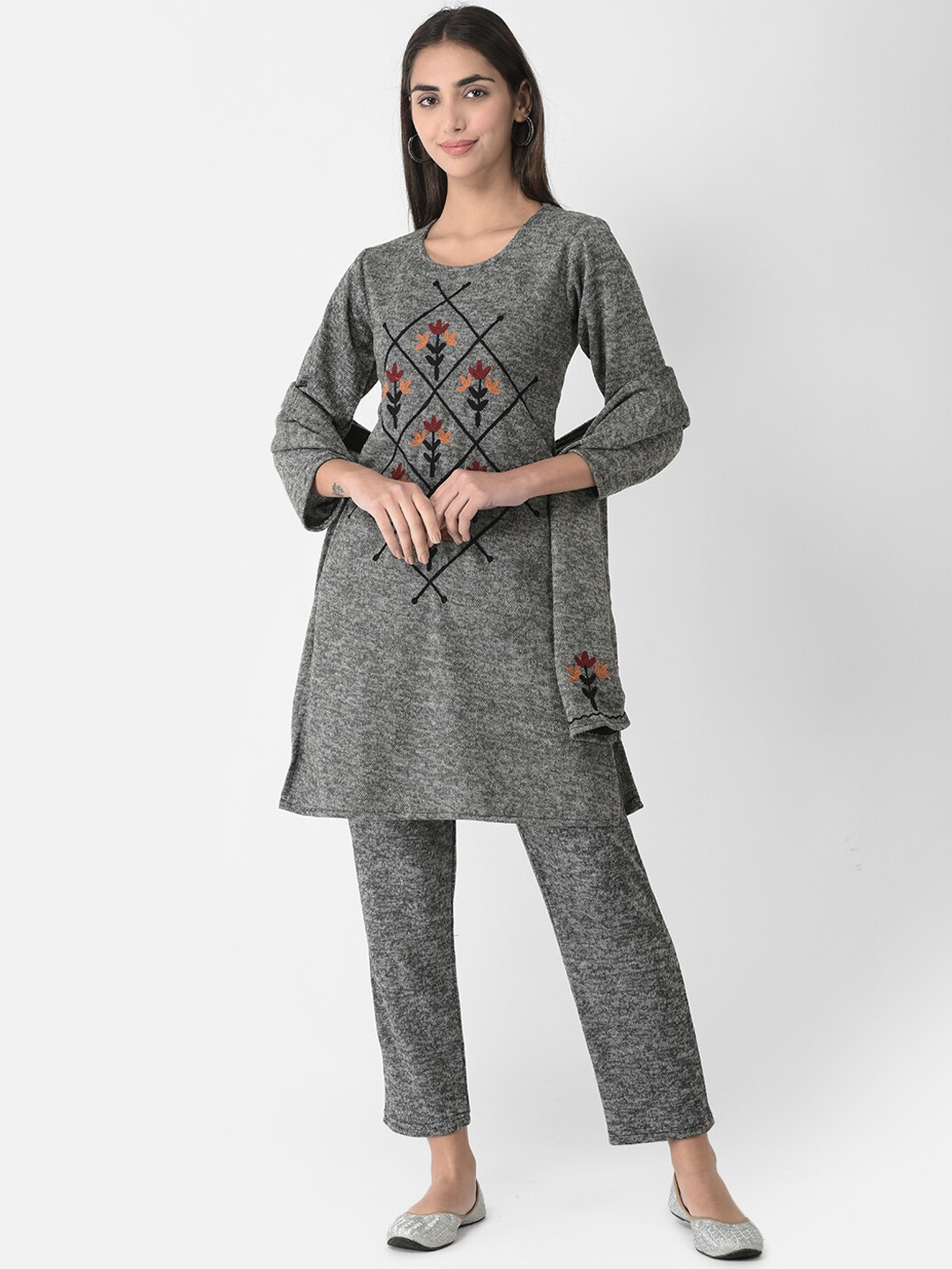 

FNOCKS Women Thread Work Kurti with Trousers & With Dupatta, Grey