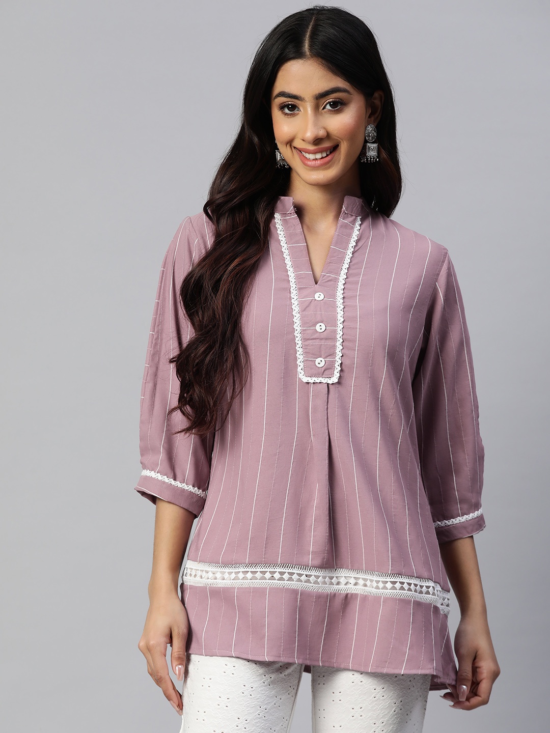 

WEAVETECH IMPEX Striped Mandarin Collar Cotton Longline Top, Mauve