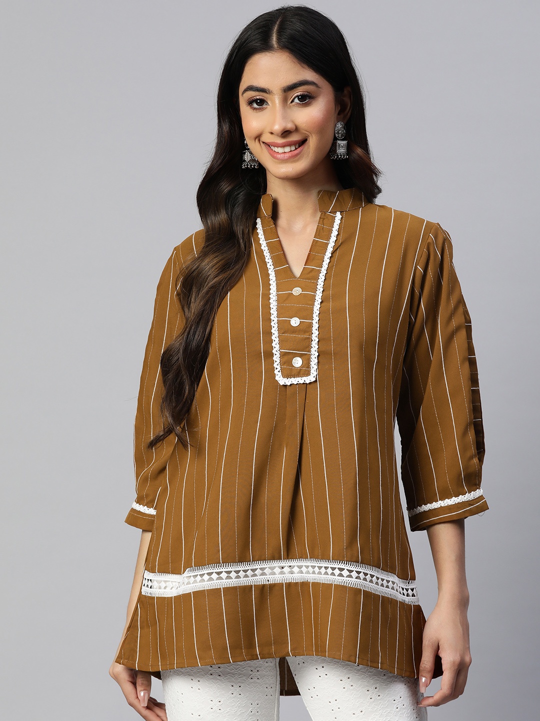 

WEAVETECH IMPEX Striped Mandarin Collar Top, Brown
