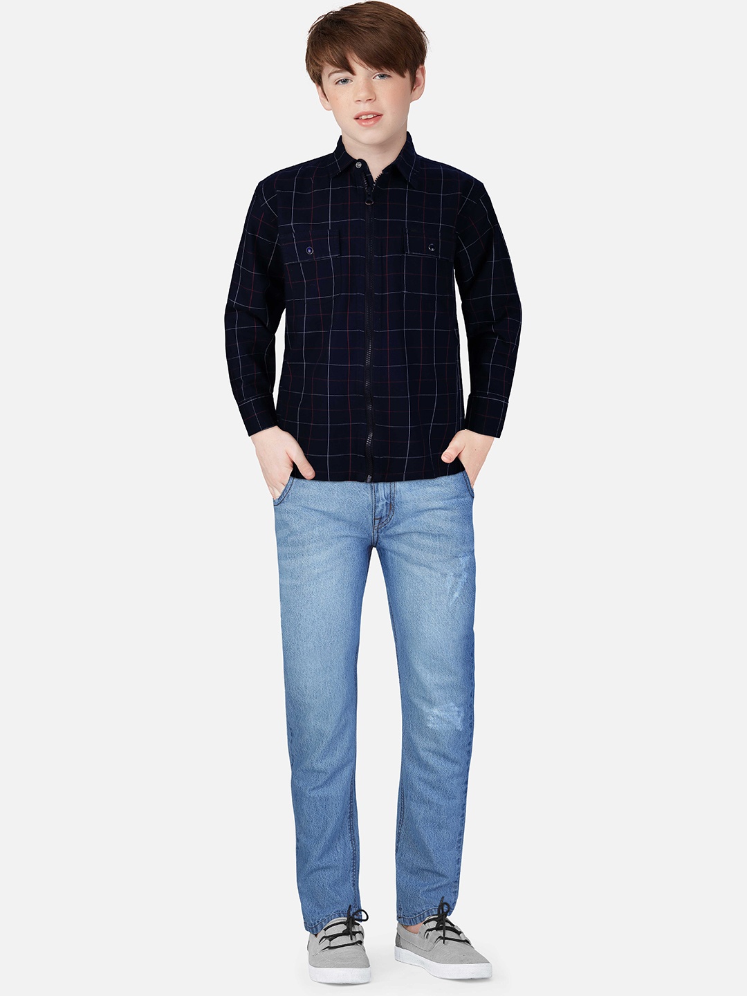 

Gini and Jony Boys Windowpane Checks Checked Cotton Casual Shirt, Navy blue