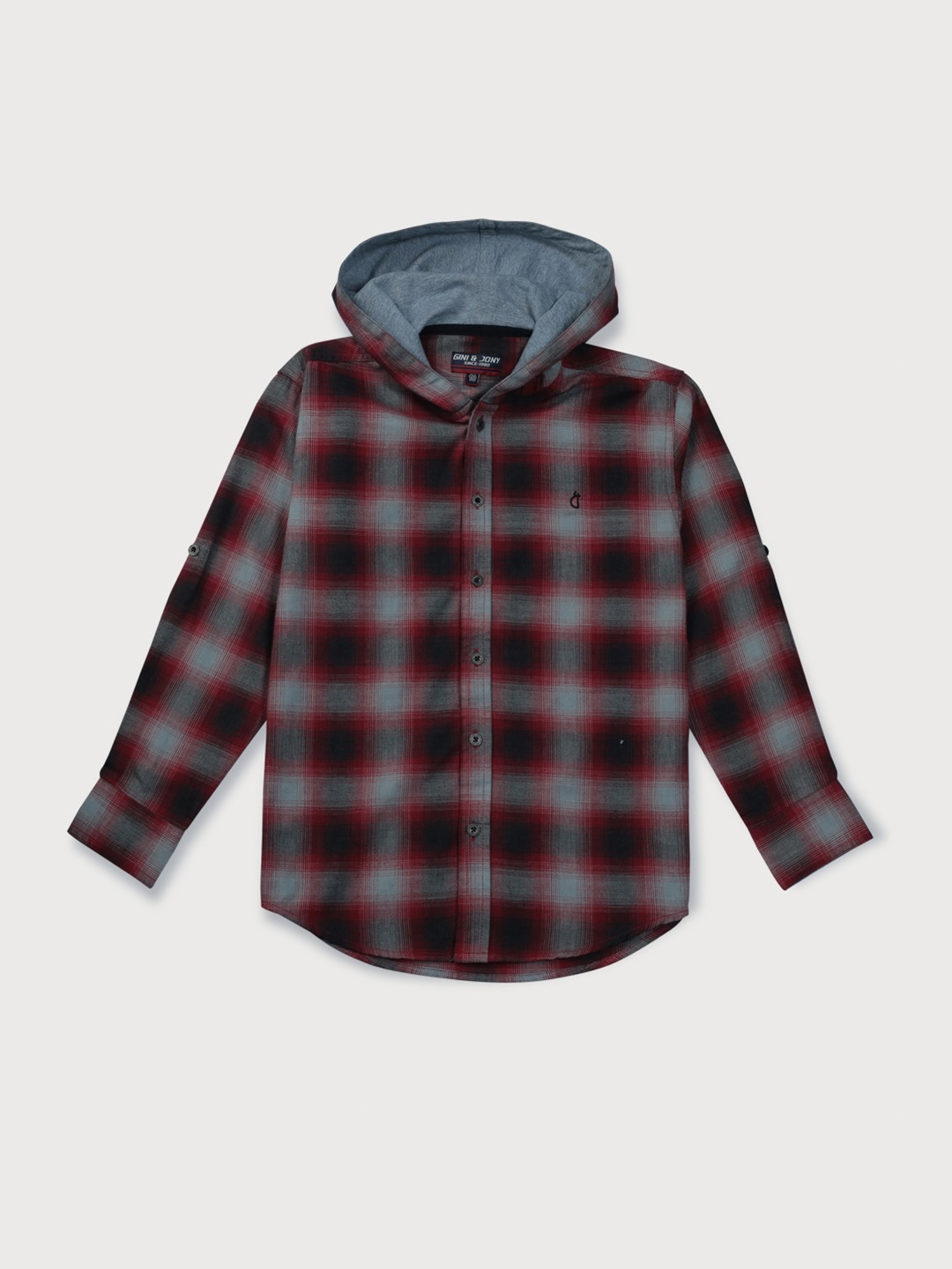 

Gini and Jony Boys Hooded Tartan Checks Cotton Casual Shirt, Red