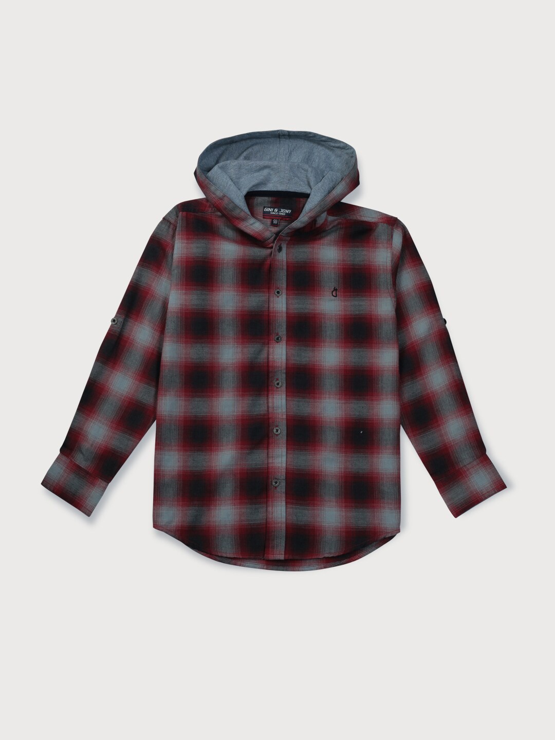 

Gini and Jony Boys Hooded Tartan Checks Cotton Casual Shirt, Red