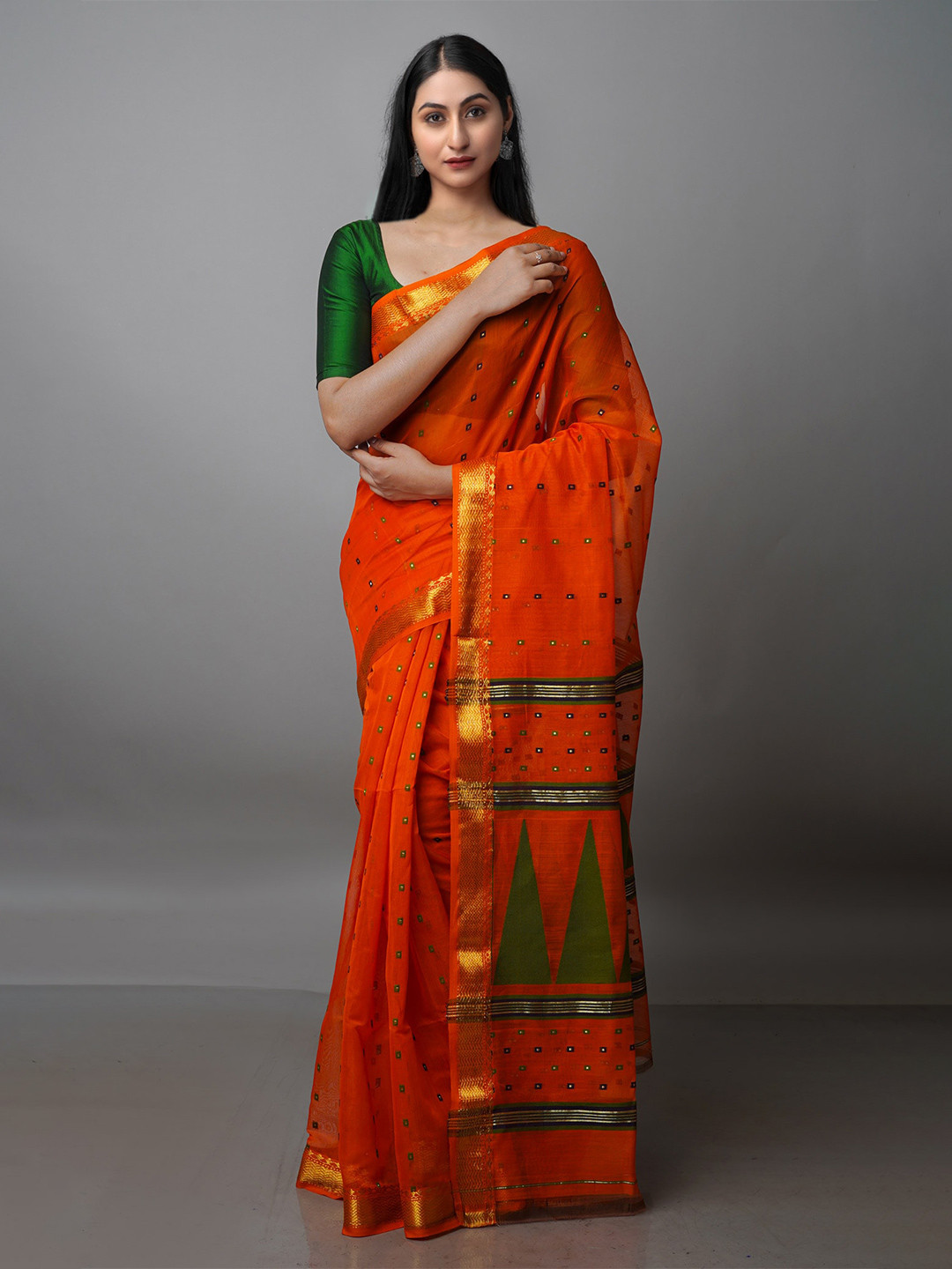 

Unnati Silks Woven Design Zari Handloom Pure Cotton Jamdani Saree, Orange