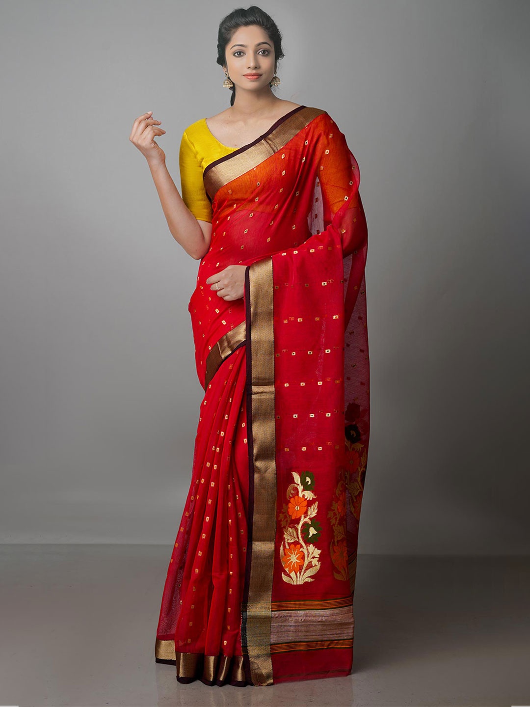 

Unnati Silks Woven Design Zari Handloom Pure Cotton Jamdani Saree, Red